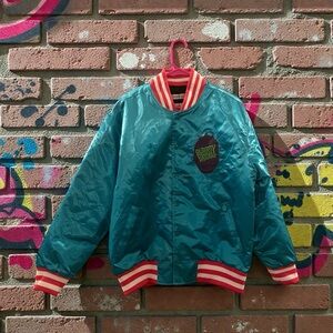 Ol Dirty Bastard Satin Stylish Teal Bomber Jacket with Red Accents